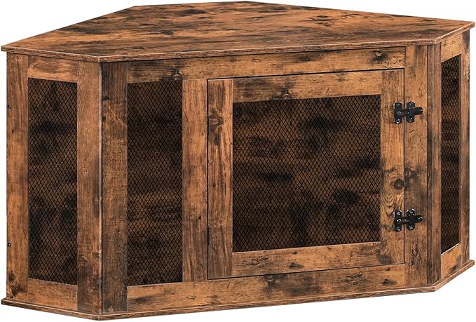 Corner Dog Crate Furniture, Wooden Dog Kennel End Table, Decorative Pet Crate Indoor Use, Furniture Style Dog House for Small Medium Dog, Dog Cage TV Stand, Rustic Brown DCRB0801