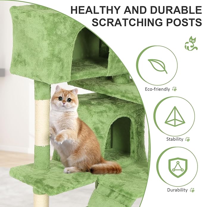 70" Multi-Level Cat Tree Tower with Scratching Posts, Toys & Condo - Space-Saving Design for Indoor Kittens, Compact Floor Footprint & Vertical Space for Multi-Cat Homes-Green