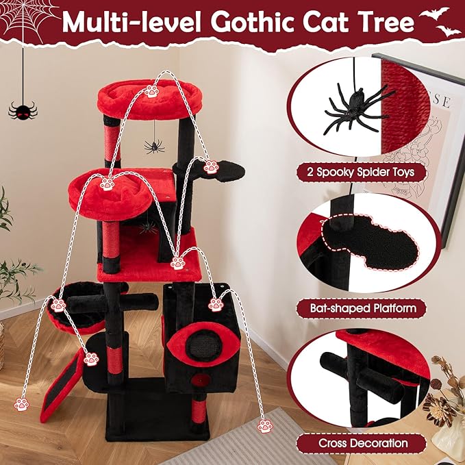 Tangkula Gothic Cat Tree, Large Spooky Cat Tower with Sisal Scratching Posts & Ramp, 2 Cat Condos, 2 Devil Ear-Shaped Perches, Spider Toys, Bat-Shaped Platform, Basket Bed, Goth Cat Tree, Black & Red
