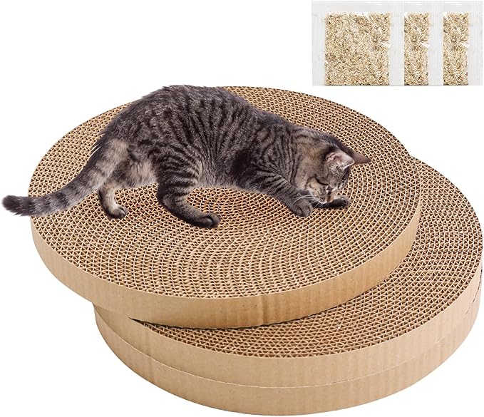 Round Cat Scratcher Replacement Pads -Circle Cat Scratcher Pad Cardboard Cat Scratchers Refill 10 inch Diameter 7/8 inch Thickness Pet Supplies, Relieves Stress, Supports Pet Behaviors, 3 Count