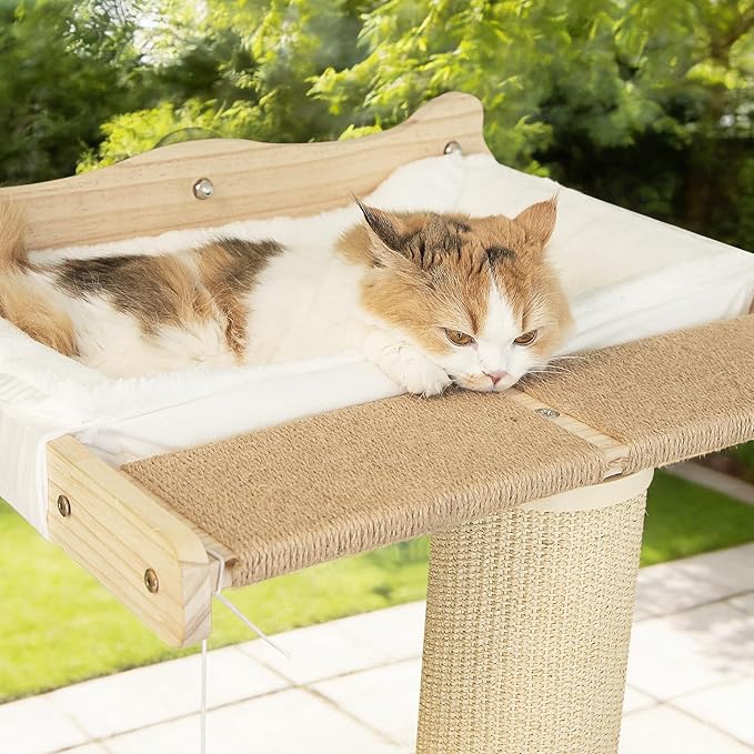 54.3" Cat Window Perch with 3 Adjustable Roman Column Sisal Posts, White Fluffy Cusion, Drill-Free Suction Cups, Multi-Level Climbing Perch, 60 lbs Capacity