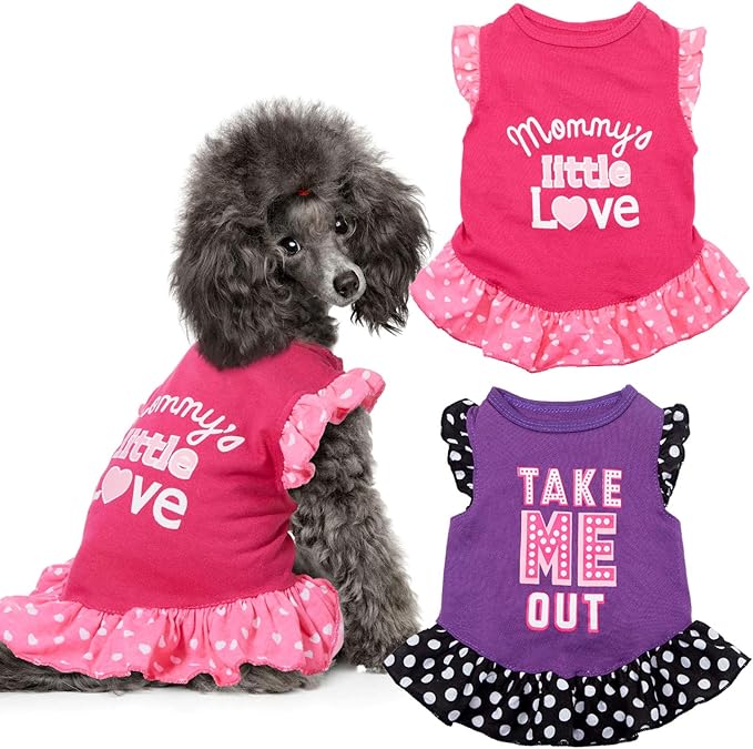 2 Pieces Dog Dresses for Dogs Cute Girl Female pet Dress Mommy Puppy Shirt Skirt Dresses Pet Summer Clothes Apparel for Cats(Love and Me,Medium)