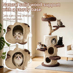 RPZ 54.7" Luxury Solid Wood Cat Tree for Small to Medium Cats – Natural Wood Scratching Post with Real Branch, Cozy Hideout, Multiple Platforms & Elevated Perches – Ideal for 1-5 Cats, Brown & Beige
