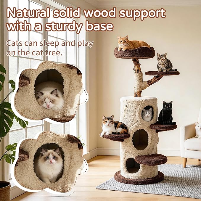 RPZ 54.7" Luxury Solid Wood Cat Tree for Small to Medium Cats – Natural Wood Scratching Post with Real Branch, Cozy Hideout, Multiple Platforms & Elevated Perches – Ideal for 1-5 Cats, Brown & Beige
