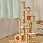 73" Tall Real Solid Wood Cat Tower with 2 Space Capsule Cat Beds, Top Bed,Thick Sisal Scratching Posts, Multi Cat Tree for Large Cats 20 lbs Heavy Duty, Cat Condo Furniture for Active Cats