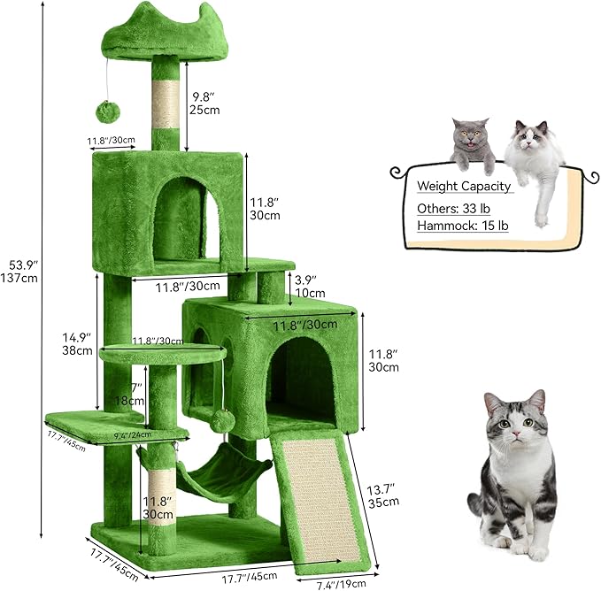 YITAHOME 54in Cat Tree Tower Condo, Multi-Level with Sisal Scratching Post, Cat Condos, Plush Top Perches, Hammock, Space Saving Cat Condo, Dangling Ball, Pet Play House,Pet Gift, Green