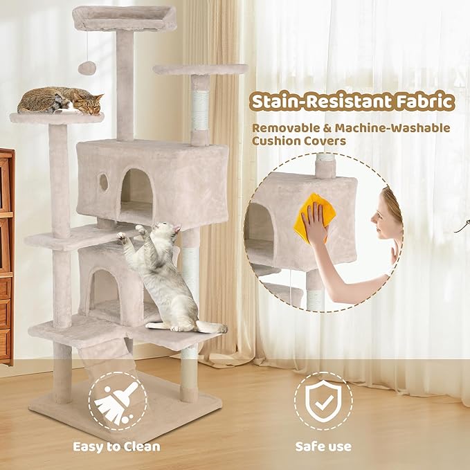 Cat Tree Tower, Sisal-Covered Scratching Posts, Condo, Hammock, Dangling Ball, and Extended Platform, Big Cat House & Furniture, 54" Tall, Beige