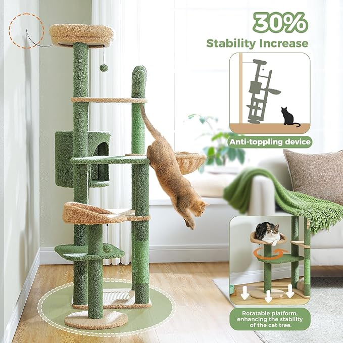 Cactus Cat Tree for Large Cats, 59" Tall Cat Tower with Spacious Condo, Large Hammock, Scratching Posts and 2 Perches, Sturdy Play House for Indoor Cats, Green