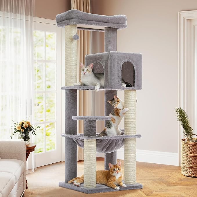 PETEPELA 58" Large Cat Tree for Big Adult Cats up to 25 lbs, Heavy Duty Cat Tower w/Extra-Thick Scratching Posts [φ3.9”], XL Hammock & Spacious Condo, Study Cat Furniture for Maine Coons, Grey