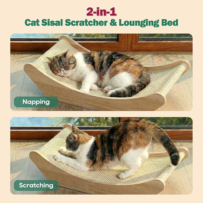 Zakkart Cat Sisal Scratching Bed Hammock, 2-in-1 Cat Scratcher & Lounging Bed, 100% Natural Sisal Mat, Solid Wood Frame, Cat Furniture Protector (Large, Natural Color)