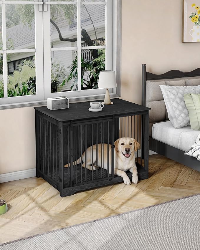 43.3" Dog Crate Furniture with Barn Door, Heavy Duty Dog Kennel Indoor with 2 Doors, Wooden Pet Cage End Table for Large Small Medium Dogs, Anti-Chew Anti-Escape, Black DFC92304B