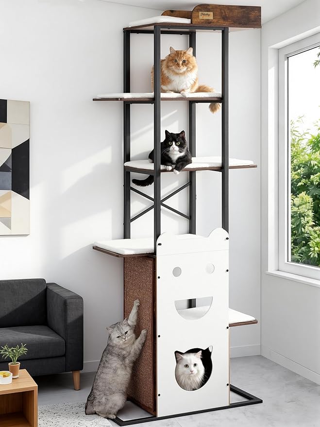 Wood Cat Tree Tower, 84 Inch Modern Extra Tall Cat Condo Trees for Indoor Cats Large Adult, XL Multi-Level Heavy Duty Wooden Sturdy Cat House Furniture with Platform Perch Bed Scratching Post