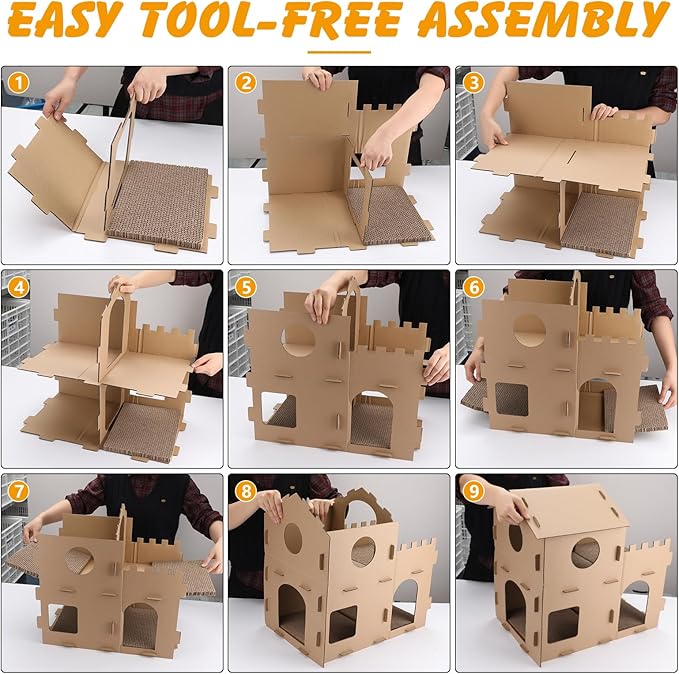 Cardboard Cat House for Indoor Cats, Multi-Level Scratcher Condo with Corrugated Scratch Pads, Hideout Bed for Large Cats, Rabbits, Small Pets, 20.6x13.3x19.8 inches