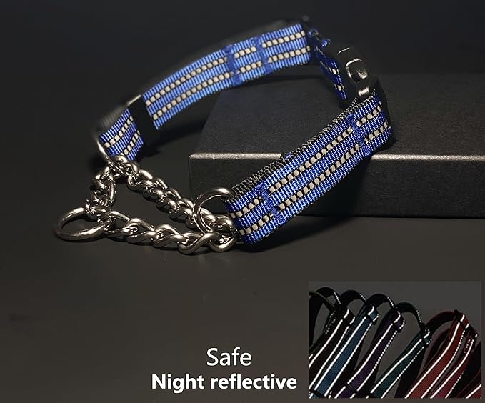 Martingale Collars for Dogs, Heavy Duty Stainless Steel Chain Training Collar, Reflective Nylon Adjustable Collar with Quick Release Buckle, Suitable for Puppy Medium Large Dogs((Blue, L)