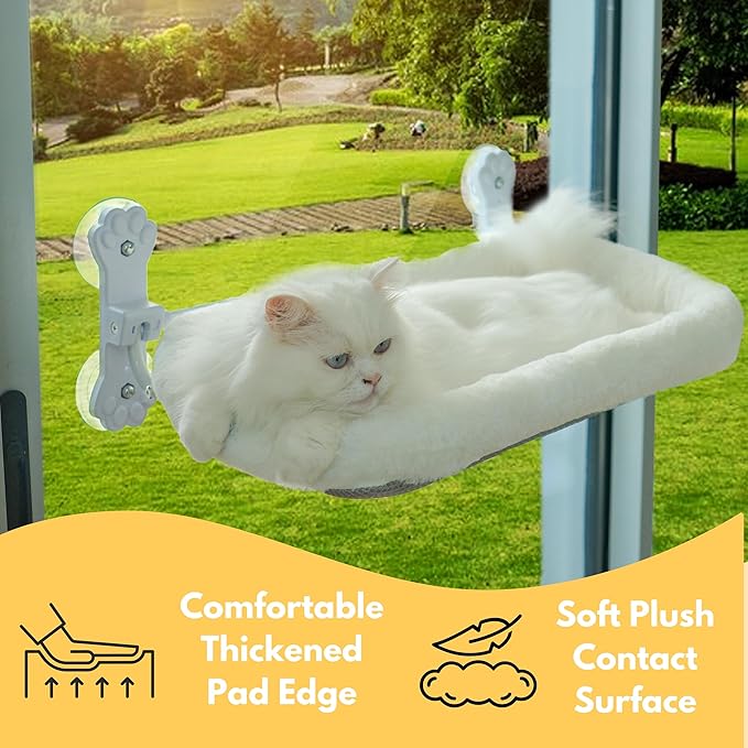 Cordless Cat Window Perch with 4 Suction Cups, Sturdy & Soft Cat Window Hammock, One-Tap Fold Up Cat Window Seat, Great for Indoor Cats, Soft Reversible Cushion, Can Hold Weight Upto 40lbs
