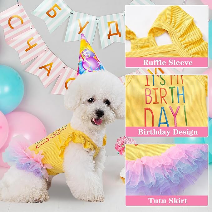 Dog Birthday Dress It's My Birthday Dog Dress Small Doggy Girl's Tutu Dresses Ruffle Sleeless Puppy Clothes Tulle Lace Skirt Pet Costume Cat Outfits (Yellow, S(6.5-12lb))