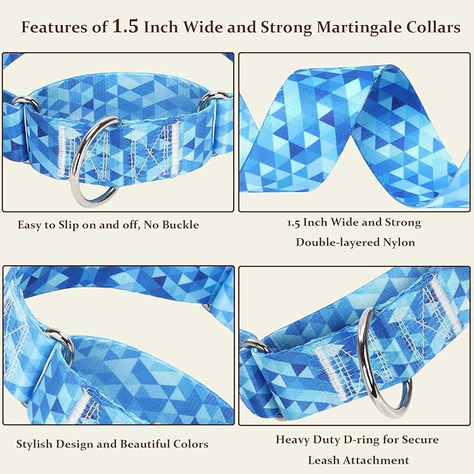 Martingale Dog Collar 1.5 Inch Wide - Heavy Duty Blue Adjustable Collar for Large Dogs, Big Neck & Head Breeds, Secure Training & Walking Collar for Medium to XL Dogs (M)