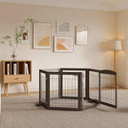 Vantas Folding Pet Gate 144" Wide, 30" Tall No-Assembly Wooden Dog Gate with Door Walk Through, Freestanding Wire Pet Puppy Safety Fence, with 2PCS Support – Espresso