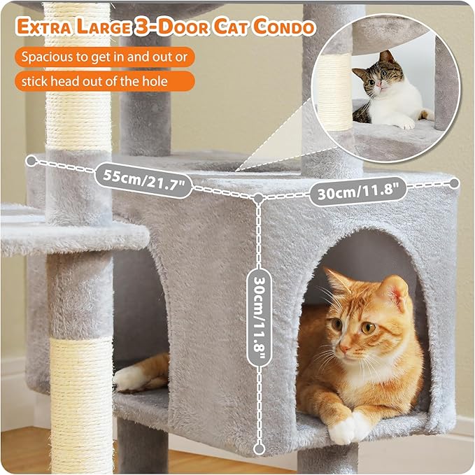 PAWZ Road Heavy Duty Cat Tree for Large Cats, 81 Inches Tall Cat Tower with 2 Perches, 2 Condos and Spacious Hammock, XL Extra Large Condo with 7 Scratching Posts for 20lb+ Adult Cats,Gray