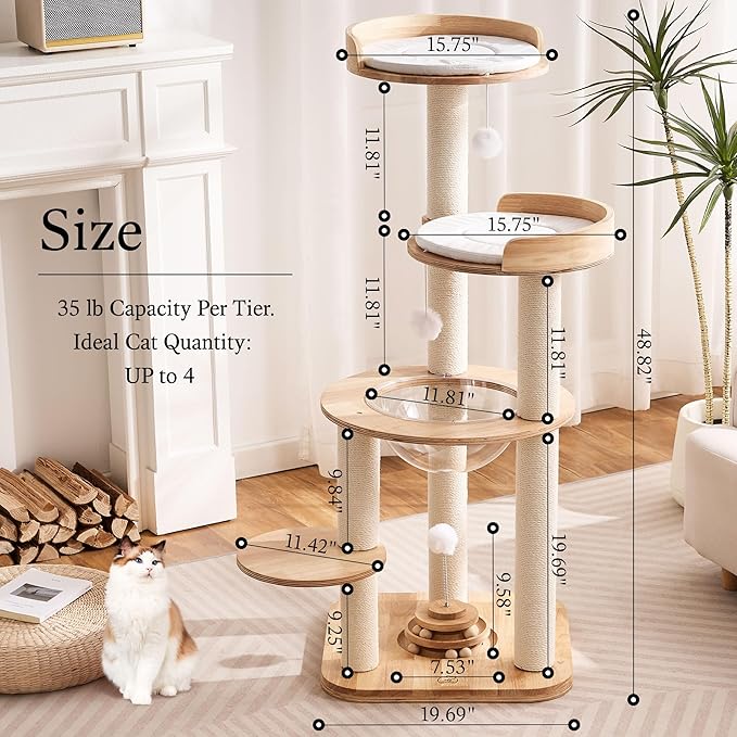 797Audio Modern Solid Wood Cat Tree Tower, 49" Tall Cat Tree with Sisal Scratching Posts and Capsule for Adult Cats, Natural Oak Wooden Cat Tower,Aesthetic Multi-Level Cat Climbing Tree for Indoor Cat