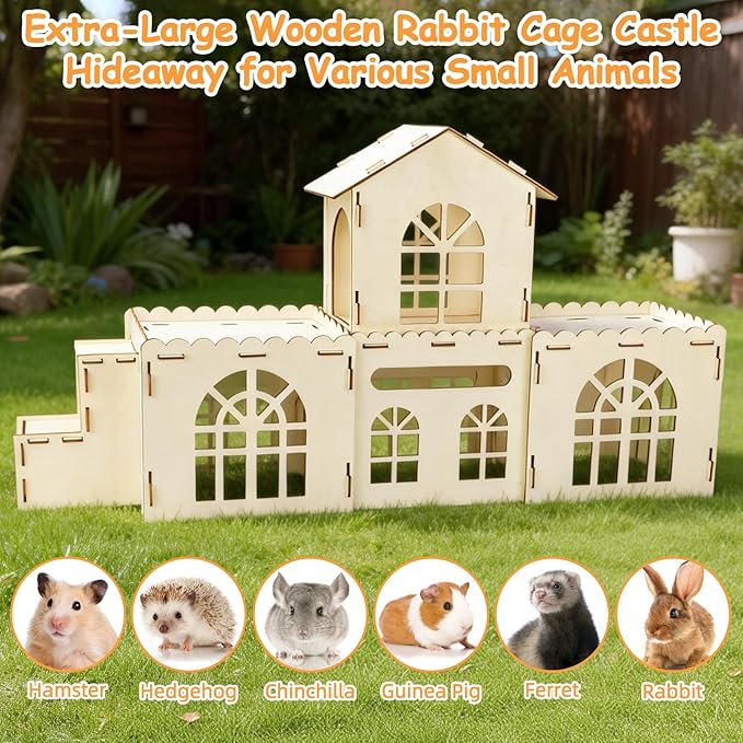 BWOGUE Extra Large Wooden Rabbit Hideout Castle, Detachable Bunny Castle for Rabbits Chinchillas Guinea Pigs, Sturdy Bunny Play House Indoor with Stairs, Small Animal Play Hideaway Hutch