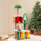 Tangkula 61 Inch Christmas Cat Tree, Multi-Level Tall Cat Tower with Sisal Scratching Posts & Board, 2 Gift Box-Shaped Cat Condos, Plush Padded Top Perch, Spring & Dangling Balls for Indoor Kittens