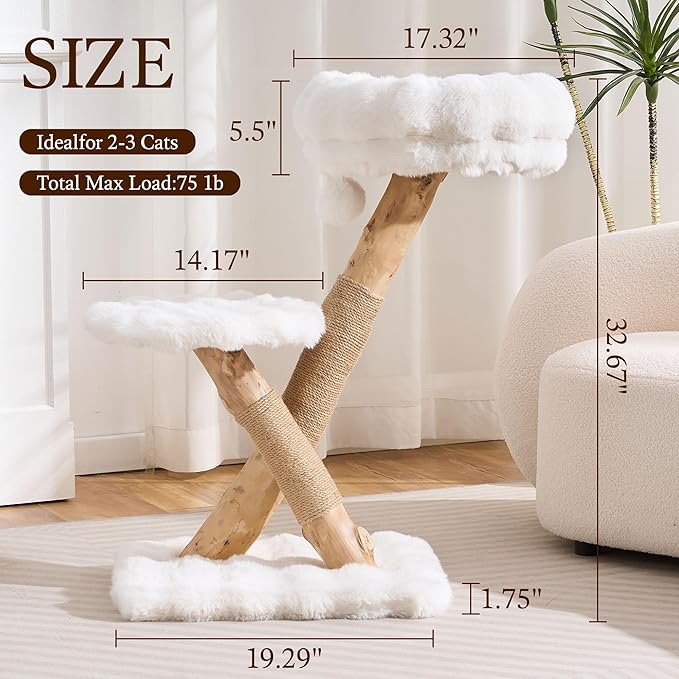 HITTITE Natural Solid Wood Cat Tree Tower with Scratching Post, 32 Inches Tall Modern Cat Tower with Cozy Bed and Platforms, Luxury Real Branch Cat Tree for Indoor Cats Large Adult, White.
