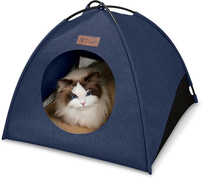 Pop-up Cat Tent Indoor Outdoor, Waterproof Cat House with Removable Cushion for All Seasons, Portable Pyramid Cat Cave Bed for Cats & Small Dogs, No Assembly Folding Pet Tent,18.9x18.9x15.4, Blue