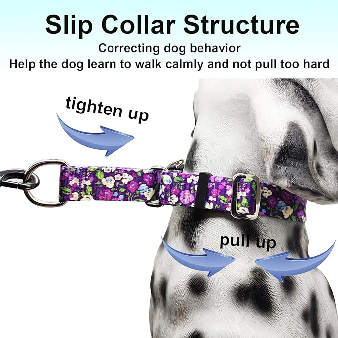 Martingale Collar for Dogs with Buckle Adjustable Nylon Slip No Pull Anti Escape Training Dog Collars (Purple Floral, Large)