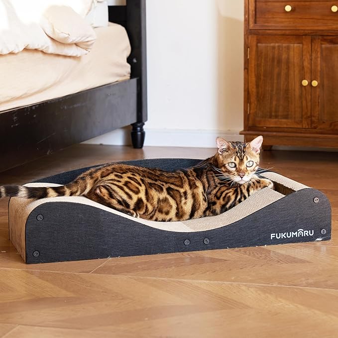 FUKUMARU Cardboard Cat Scratcher Bed, Extra Long 29.1 Inch Cat Scratch Bed Couch Indoor, Natural Felt Multifunctional Cats Scratching Lounger, Horizontal Kitten Cats Scratch Pad with Ball Toy, Black