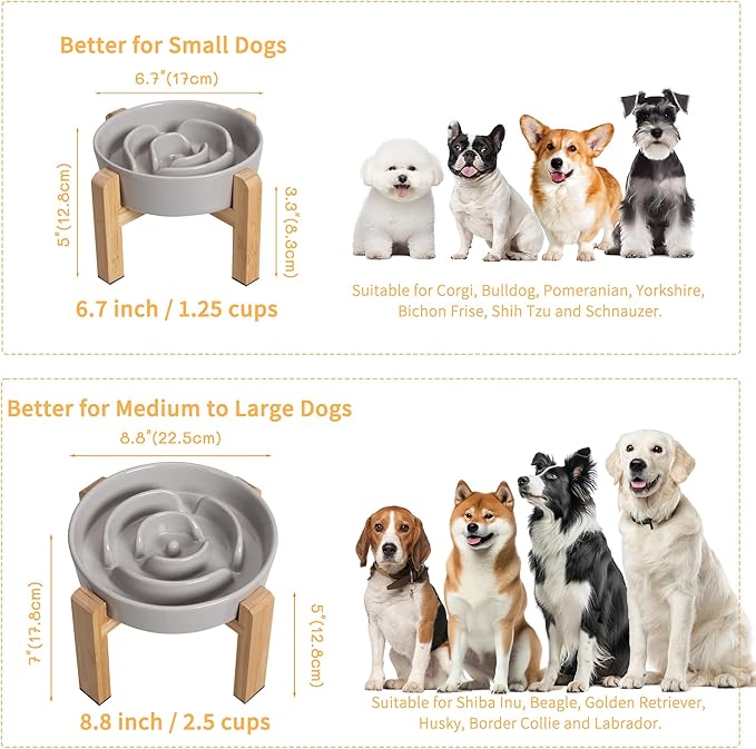 Elevated Slow Feeder Dog Bowl - Ceramic Maze Food Dish with Bamboo Stand - Raised Feeding Bowl for Fast Eaters - Ideal for Small and Medium Dogs - Grey - 6.7 inch