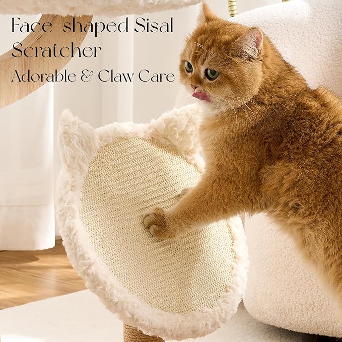 797Audio Flower Cat Tree, 37" Wood Branch Cat Tower, White Cloud Cat Tree with Scratching Post for Indoor Adult Cats, Luxury Cat Tree with Cat Scratch Pad & Interactive Squeaky Hanging Toy