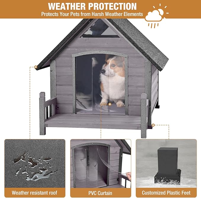 Dog House with Anti-Bite Metal Iron Frame Outdoor Wooden Dog Kennel Indoor Puppy Shelter for Small Medium Large Dogs Weatherproof(Grey)
