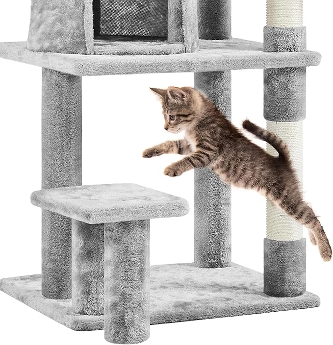 Topeakmart Cat Tree 57in, Multi Level Cat Tower with Basket & Condo & Scratching Post & Padded Perch & Extended Platform & Fur Ball Cat Furniture