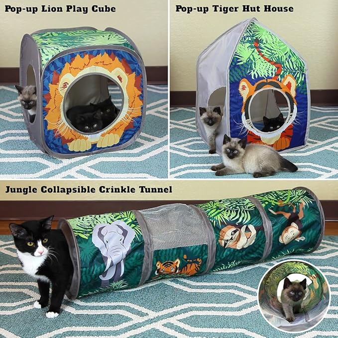 Kitty City Safari Jungle Cat Play Set, Collapsible Pop-Up Cat Toys Combo with Cube, Tunnel & Hideout, Interactive Indoor Cat Playhouse for Exercise, Hiding & Lounging
