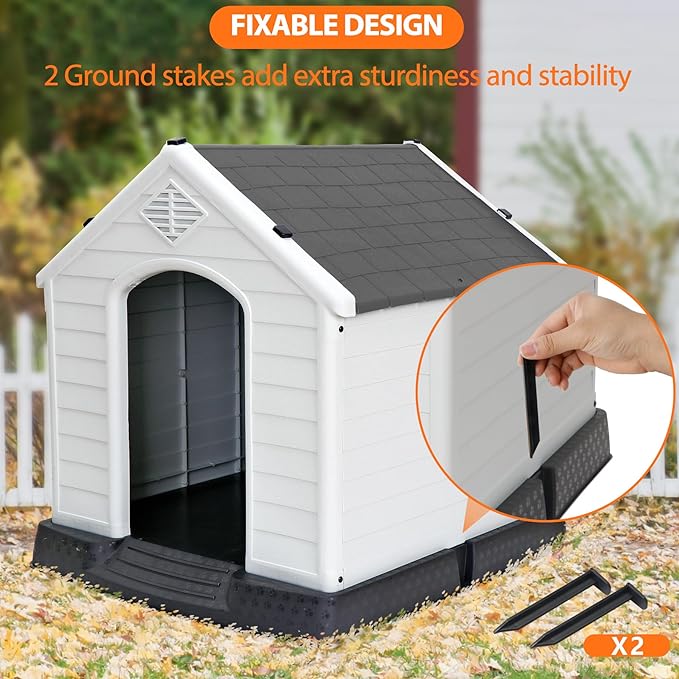 ZENY Plastic Dog House - Waterproof Dog Kennel with Air Vents and Elevated Floor All Weather Indoor Outdoor Insulated Doghouse Puppy Shelter, Easy to Assemble (Grey, 28inch)