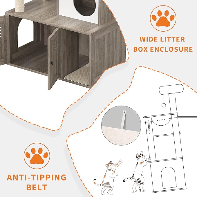 Modern Cat Tree with Hidden Litter Box Cabinet – Multi-Level Cat Condo with Scratching Posts, Perches, Hammock & Basket, Gray