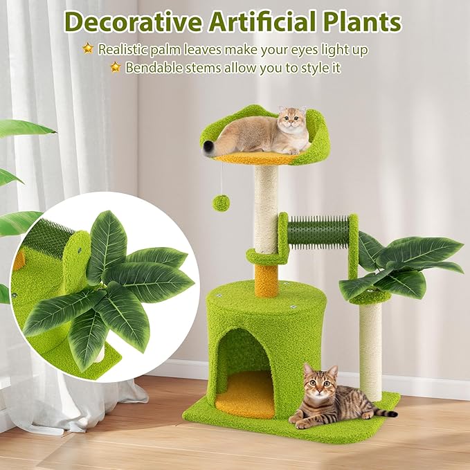 PETSITE Palm Cute Cat Tree, 31 Inches Tall with Sisal Scratching Posts, Condo, Dangling Ball, and Self Groomer, Ideal for Indoor Small & Medium Cats (19 x 13 x 31 inches)