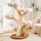 Aesthetic Flower Cat Tree Tower with Scratching Post for Indoor Cats, 48" Modern Cat Tree with Wood Sculpted Branch, Flower Cat Beds, Scratching Board & Interactive Squeaky Toy, Creamy White