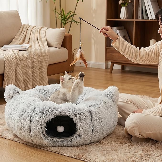 Interactive Cat Toys for Indoor Cats – 3-in-1 Cat Tunnel Bed with 2 Catnip Toys, Peekaboo Cat Cave & Donut Tunnel, Foldable Interactive Toy for Kittens & Small Pets, 32"