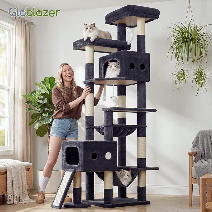 Globlazer Multi-Level Tall Cat Tower 83 inch Sturdy Extra Large Heavy Duty Cat Tree for Indoor Large Adult Cats Kittens with 2 Cat Condo, 8 Scratching Post, 2 Hammock, S83G, Dark Grey
