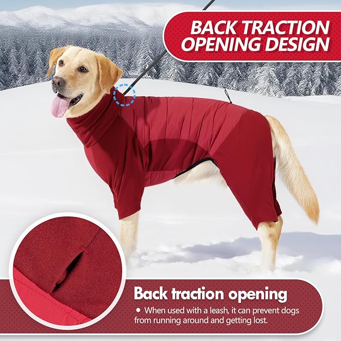 XL Dog Jacket for Winter, Dog Onesies for Large Dogs Waterproof, Pullover Fullbody Clothes Jumpsuit, Fleece Cold Weather Coats Pajamas, Four-Legged Snowsuit with Leash Hole, XL Grey