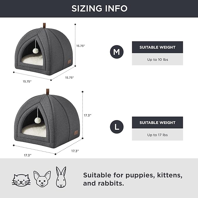 Bedsure Cat Beds for Indoor - 2 in 1 Cat Cave House Tent for Kittens and Small Pets with Removable Washable Cushioned Pillow, Foldable Kitten Hideaway with Non-Slip Bottom, Dark Grey, 17.3 inches