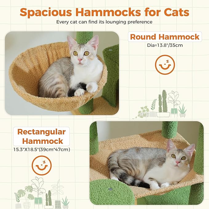 PETEPELA 69" Cactus Cat Tree for Indoor Large Cats, Large Cat Tower for Adult Cats with Super Big Hammock, Cat Climbing Tree Tower with Scratching Posts, Condo House and Cozy Top Perch, Green