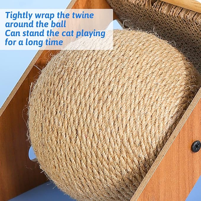 Fhiny Cat Scratcher Toy with Sisal Ball, 2-in-1 Rope Ball with Bell & Cardboard Cats Scratching Interactive Solid Wood Durable Scratch for Indoor Kitties Wear-Resistant Furniture Supplies