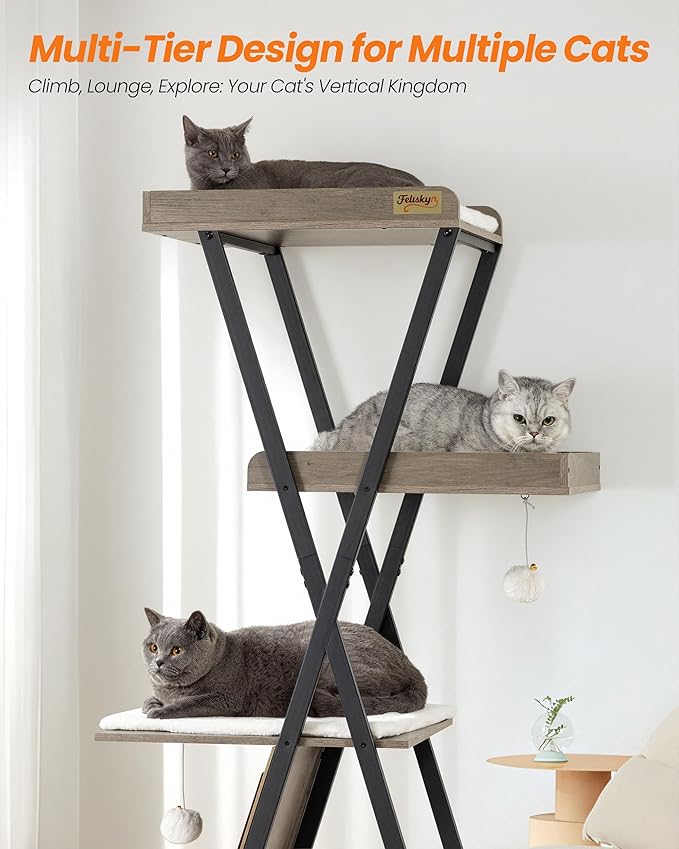 Modern Wood Cat Tree Tower for Indoor Cats Large Adult - 67 Inch Tall Multi-Level Heavy Duty Cat Condo Trees Furniture with Caves Perch Bed Scratching Board -XL Big Wooden Kitty House