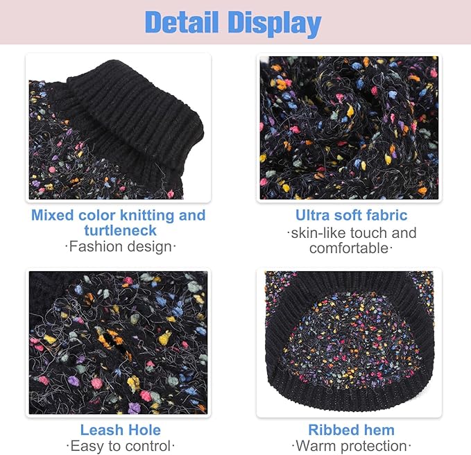 BEAUTYZOO Cable Knit Small Dog Sweater, Color Block with Fuzzy Thread Knitted Turtleneck Dog Knitwear with Dots in a Variety of Colors for Small Medium Dogs Fall Winter Dog Clothes, XS Black