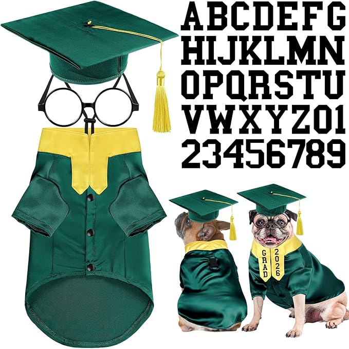 5 Pcs Dog Graduation Costume Set Include 2026 Pet Graduation Gown with Stole Puppy Grad Cap Lensless Glasses DIY Letter Stickers for Dogs Cats Holiday Costume Accessory(Green Yellow,M)