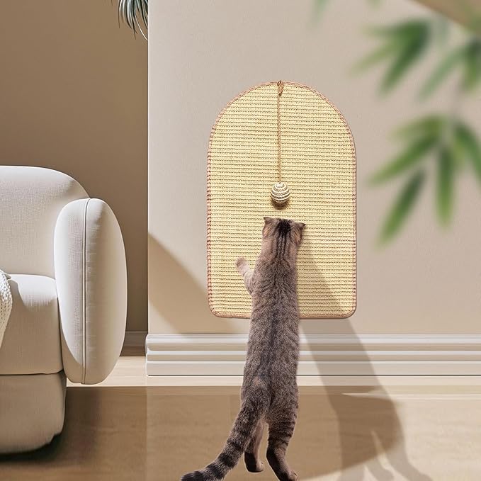 Natural Sisal Cat Scratcher Mat with Sisal Ball, Cat Wall Scratcher Cat Scratchers for Indoor Cats with Velcro Tapes, Cat Scratch Pad Carpet Rug, Wall Mounted Cat Scratching Mat Protect Wall and Sofas