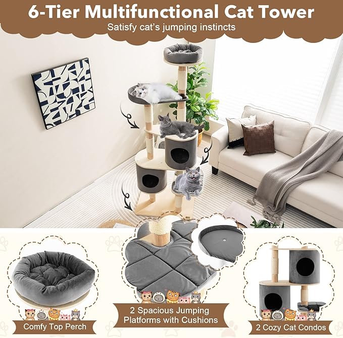 Tangkula 75 Inch Tall Cat Tree for Indoor Cats, Natural Solid Rubber Wood Cat Tower with Sisal Scratching Posts, Top Perch, Detachable Cat Condo, 6-Layer Modern Cat Trees and Towers for Large Cats